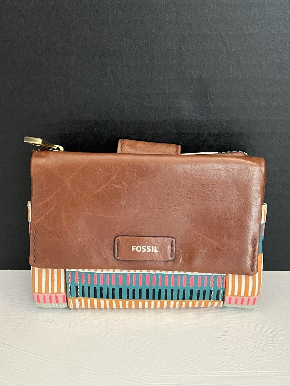 Fossil Ellis Wallet Brown Leather Multicolor Geometric Pattern 4x5 Trifold